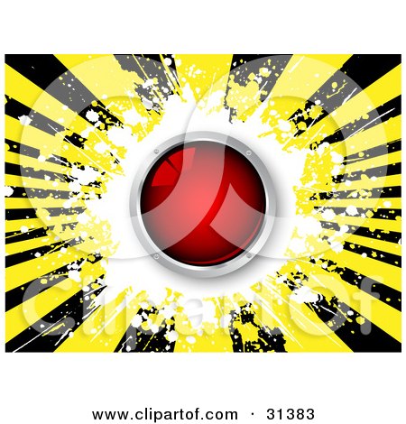 Clipart Illustration of a Shiny Red Button Over A White, Yellow And Black Bursting Grunge Background by KJ Pargeter