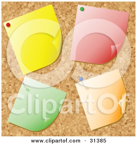 Clipart Illustration of Four Blank Yellow, Red, Green And Orange Notes Tacked Onto A Cork Bulletin Board by KJ Pargeter
