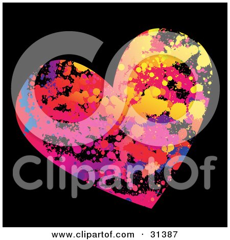 Clipart Illustration of a Colorful Blue, Red, Pink, Purple, Blue And Yellow Grunge Heart On A Black Background by KJ Pargeter