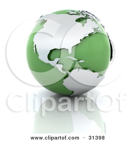 Clipart Illustration of a Green And Chrome 3d Globe On A Reflective Surface by KJ Pargeter
