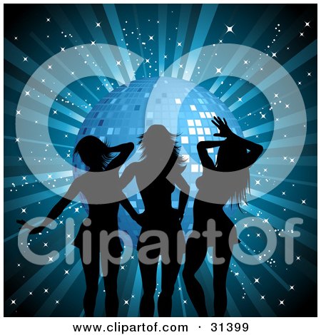 Clipart Illustration of Three Sexy Ladies Silhouetted In Black Against A Blue Background With A Disco Ball And Glittering Stars by KJ Pargeter