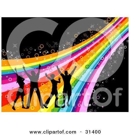 Clipart Illustration of Black Silhouetted Young People Dancing On A Rainbow, Surrounded By Bubbles And Sparkles, On A Black Background by KJ Pargeter