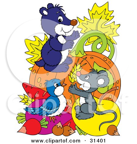 Clipart Illustration of a Blue Bird, Mouse And Gopher On Top Of Veggies And Fruit In Front Of A Pumpkin by Alex Bannykh