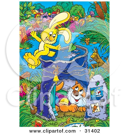 Clipart Illustration of an Energetic Yellow Bunny On Top Of A Pail Converted Into A Club House, A Cat Inside by Alex Bannykh