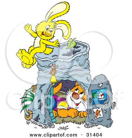 Clipart Illustration of a Cute Cat Inside A Pail Club House, A Yellow Bunny Sitting On Top by Alex Bannykh