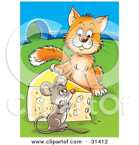 Clipart Illustration of a Cat Standing On The Other Side Of A Cheese Wedge, Staring At A Frightened Mouse Near A Mouse Hole by Alex Bannykh
