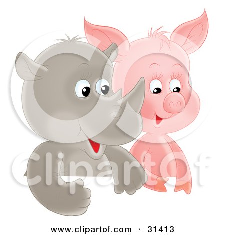 Clipart Illustration of a Cute Baby Rhino And Piglet Side By Side by Alex Bannykh