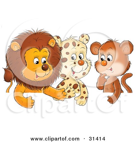Clipart Illustration of a Group Of Friends, A Cute Baby Lion, Leopard And Monkey, Chatting by Alex Bannykh