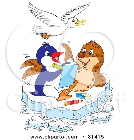 Clipart Illustration of a Seagull Flying Over A Seal And Penguin Coloring In A Book On A Floating Sheet Of Ice by Alex Bannykh