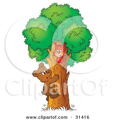 Clipart Illustration of a Cute Bear Cub Climbing A Tree To Visit A Friendly Squirrel by Alex Bannykh