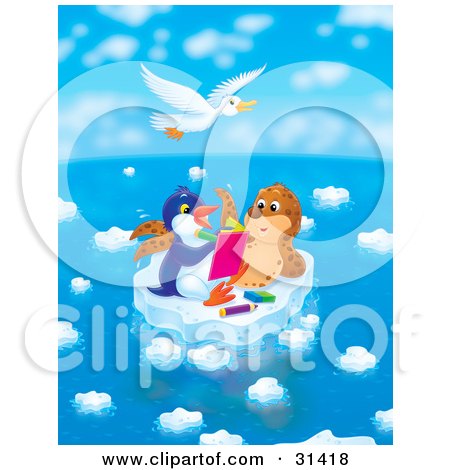 Clipart Illustration of a White Gull Flying Above A Seal Chatting With A Penguin Who Is Drawing In A Book On A Floating Ice Sheet On A Beautiful Day by Alex Bannykh