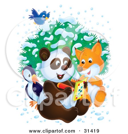 Clipart Illustration of a Bluebird Flying Over A Bird, Fox And Panda As They Write In An Activity Book On A Wintry Day by Alex Bannykh