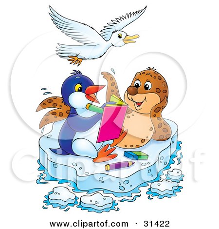 Clipart Illustration of a White Bird Flying Over A Seal And Penguin Coloring In A Book On A Floating Sheet Of Ice by Alex Bannykh