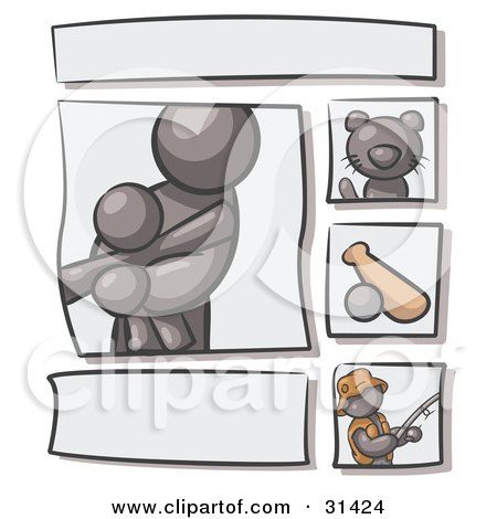 Clipart Illustration of a Scrapbooking Kit Page With A Gray People Family, Cat, Baseball And Man Fishing by Leo Blanchette