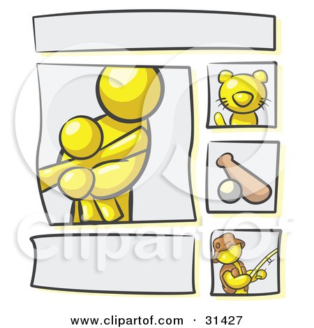 Clipart Illustration of a Scrapbooking Kit Page With A Yellow People Family, Cat, Baseball And Man Fishing by Leo Blanchette