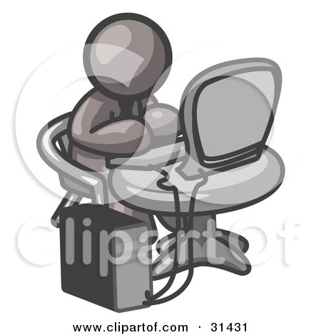 Clipart Illustration of a Gray Man Working On A Desktop Computer On A Table by Leo Blanchette