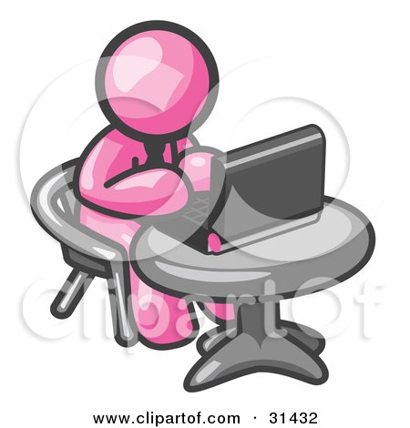 Clipart Illustration of a Pink Man Working On A Laptop Computer On A Table by Leo Blanchette