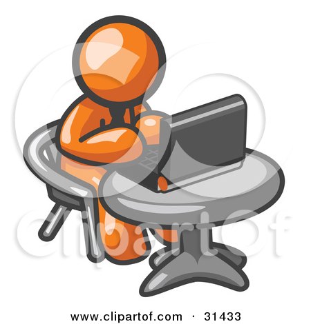 Clipart Illustration of an Orange Man Working On A Laptop Computer On A Table by Leo Blanchette