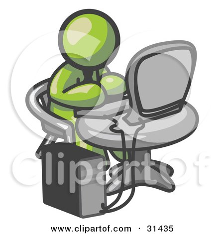 Clipart Illustration of an Olive Green Man Working On A Desktop Computer On A Table by Leo Blanchette