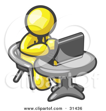 Clipart Illustration of a Yellow Man Working On A Laptop Computer On A Table by Leo Blanchette