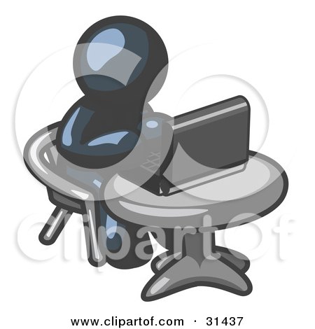 Clipart Illustration of a Navy Blue Man Working On A Laptop Computer On A Table by Leo Blanchette