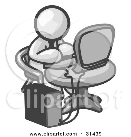 Clipart Illustration of a White Man Working On A Desktop Computer On A Table by Leo Blanchette