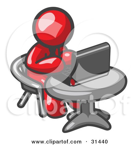 Clipart Illustration of a Red Man Working On A Laptop Computer On A Table by Leo Blanchette