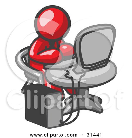 Clipart Illustration of a Red Man Working On A Desktop Computer On A Table by Leo Blanchette