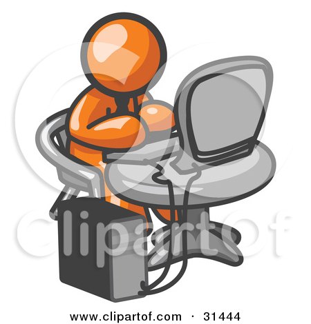 Clipart Illustration of an Orange Man Working On A Desktop Computer On A Table by Leo Blanchette