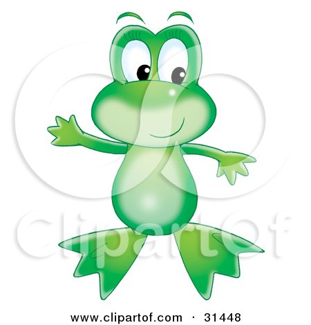 Clipart Illustration of a Cute Green Frog Standing On Its Hind Legs, Holding Its Arms Out And Looking To The Right by Alex Bannykh