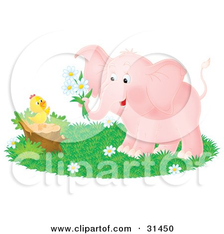 Clipart Illustration of a Sweet Pink Elephant Giving Daisy Flowers To A Baby Chick On A Tree Stump by Alex Bannykh