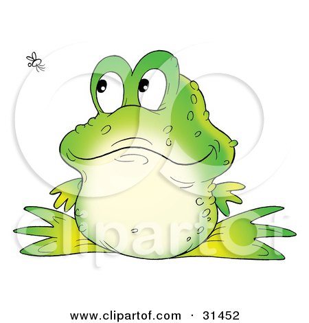 Clipart Illustration of a Cute Warty Green Frog Watching A Fly Buzz Past by Alex Bannykh