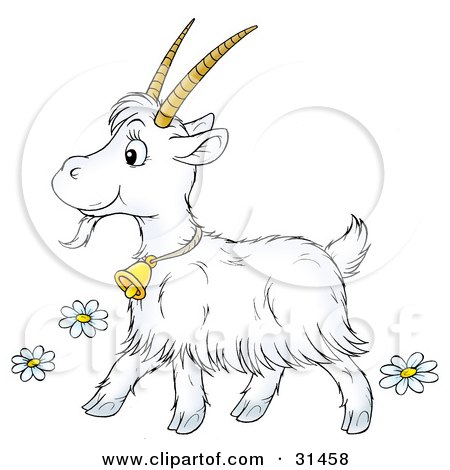 Clipart Illustration of a Cute Long Haired Goat With Big Horns, Wearing A Bell And Walking Past Flowers by Alex Bannykh