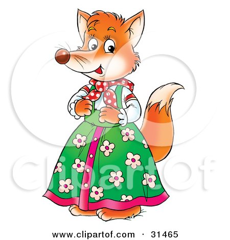 Clipart Illustration of a Female Fox In A Green Floral Dress by Alex Bannykh