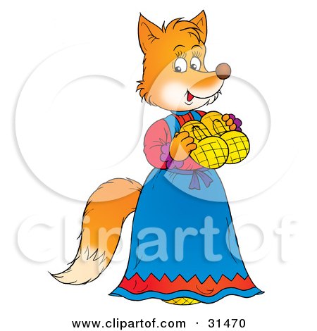 Clipart Illustration of a Female Fox In A Blue Dress, Holding A Pair Of Shoes by Alex Bannykh