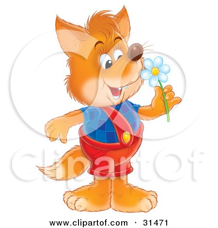 Clipart Illustration of a Cute Fox Dressed In Overalls, Smelling A Spring Daisy Flower by Alex Bannykh