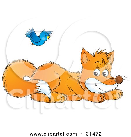 Clipart Illustration of a Blue Bird Flying Over A Playful Fox Kit by Alex Bannykh