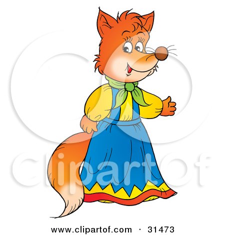 Clipart Illustration of a Female Fox In A Blue And Yellow Dress, Holding One Arm Out by Alex Bannykh
