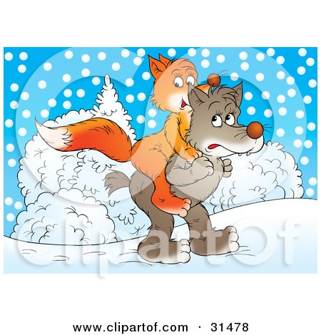 Clipart Illustration of a Wolf Carrying His Friend, A Fox, On His Back Through The Snow by Alex Bannykh