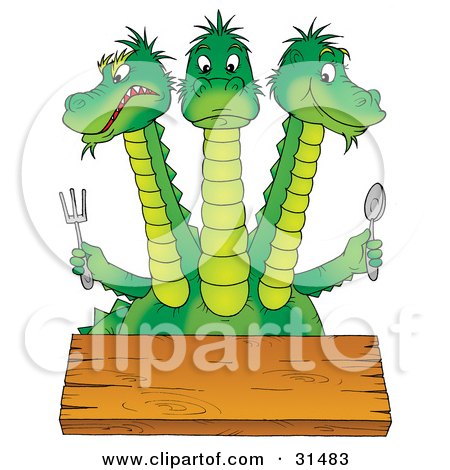 Clipart Illustration of a Hungry Green Three Headed Dragon At A Table, Holding A Fork And Spoon by Alex Bannykh