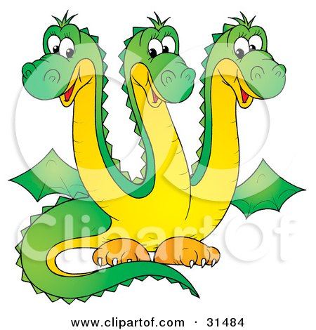 Clipart Illustration of a Cute Green Three Headed Dragon With Yellow Bellies And Necks by Alex Bannykh