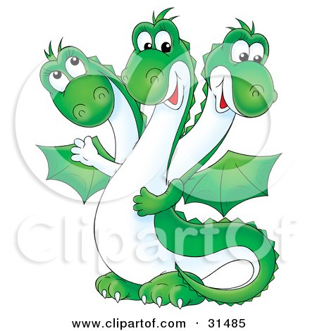 Clipart Illustration of a Friendly Green Three Headed Dragon With A White Belly And Wings by Alex Bannykh