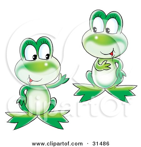 Clipart Illustration of Two Cute, Chatty Green Frogs Talking by Alex Bannykh