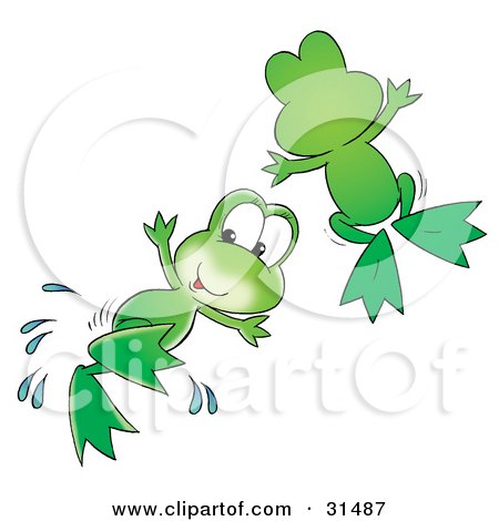 Clipart Illustration of Two Cute Green Frogs Leaping Through The Air by Alex Bannykh