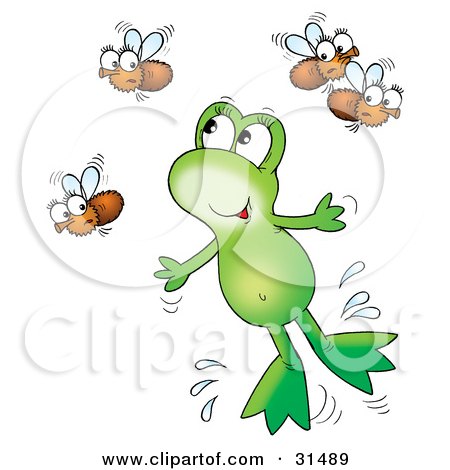 Clipart Illustration of a Cute Green Frog Leaping Through The Air To Catch Flies by Alex Bannykh