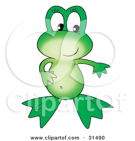 Clipart Illustration of a Cute Green Frog With One Hand On Her Belly, Holding The Other Arm Out by Alex Bannykh