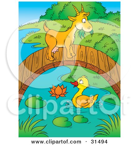 Clipart Illustration of a Cute Goat Crossing Over A Duck On A Pond On A Wooden Foot Bridge by Alex Bannykh