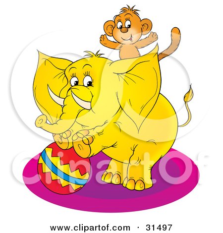 Clipart Illustration of a Cute Monkey On The Back Of A Circus Elephant Standing Up On A Ball, On A White Background by Alex Bannykh