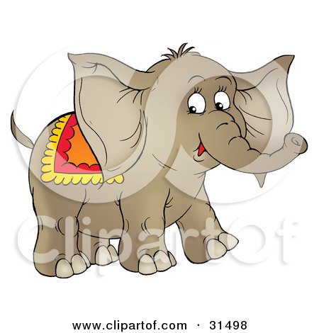 Clipart Illustration of a Cute Brown Circus Elephant With A Blanket On Its Back, On A White Background by Alex Bannykh