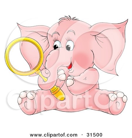 Clipart Illustration of a Cute Pink Elephant Holding A Magnifying Glass In Its Trunk, On A White Background by Alex Bannykh